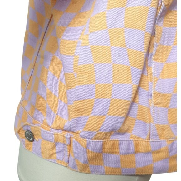 Forever 21 Womens Checkered Denim Jacket M Orange Lavender Casual Trendy Style - Picture 3 of 7